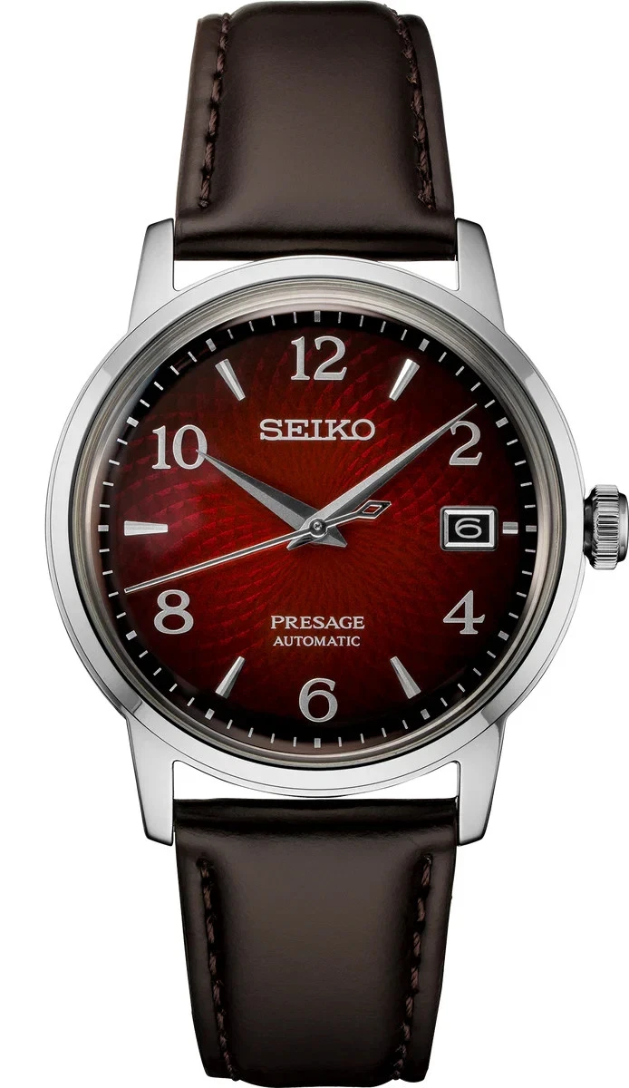 Seiko Presage Cocktail 38,5 mm mostrador vermelho pulseira de couro marrom escuro relógio SRPE41